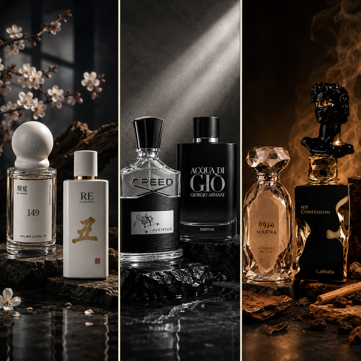 Curated fragrance bottles in a premium editorial setting
