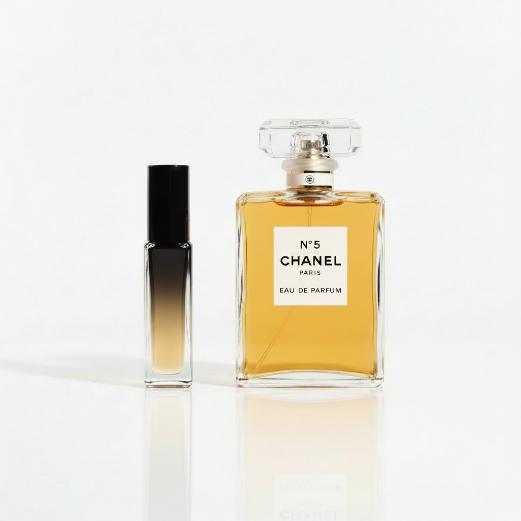 Chanel No. 5 with black-to-golden gradient sample vial on white background