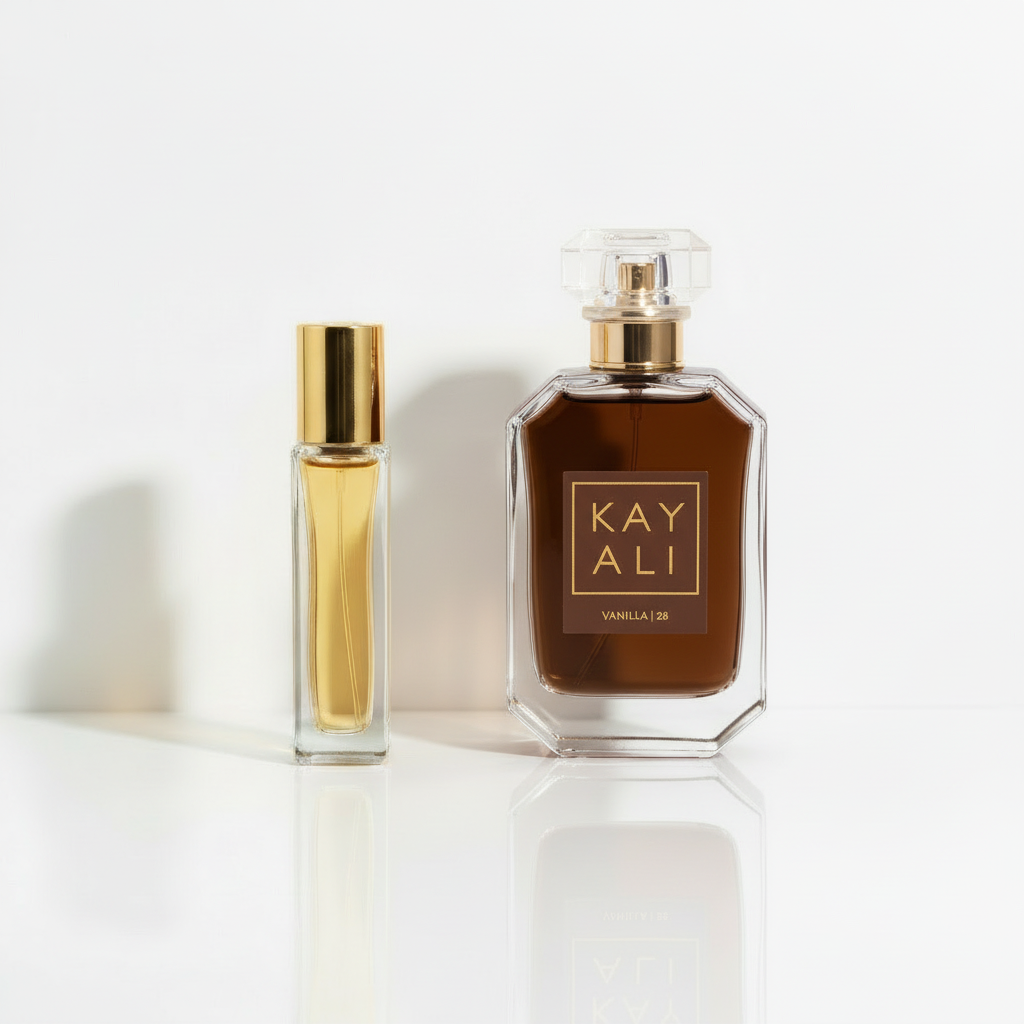 Kayali Vanilla 28 with gold sample vial on white background